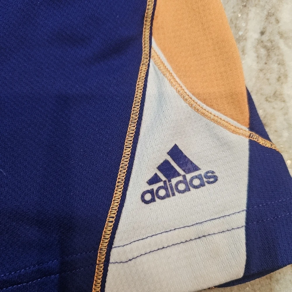 Adidas Men’s Medium Blue Orange White Athletic Training Shorts Logo Polyester